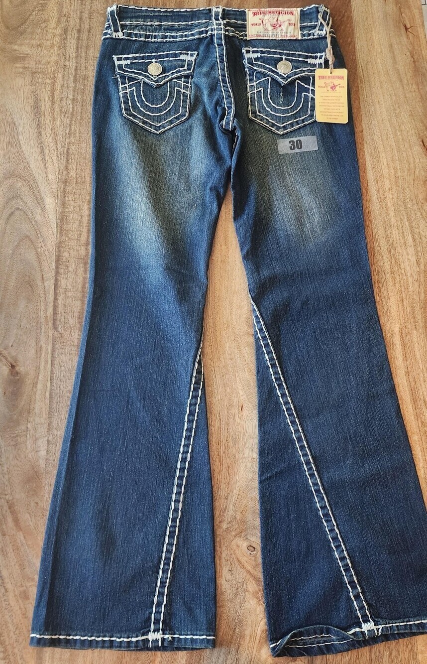 True Religion Jeans Womens 30 Blue Low Rise Flare Distressed USA Stretch Denim - Picture 12 of 16